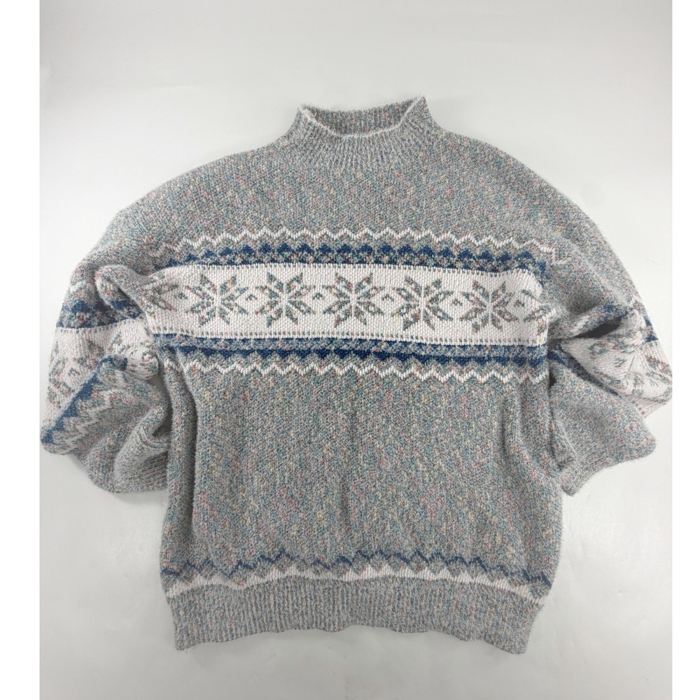 Vintage Style Fair Isle Snowflake Mock Neck Sweater Grey Multi Size L